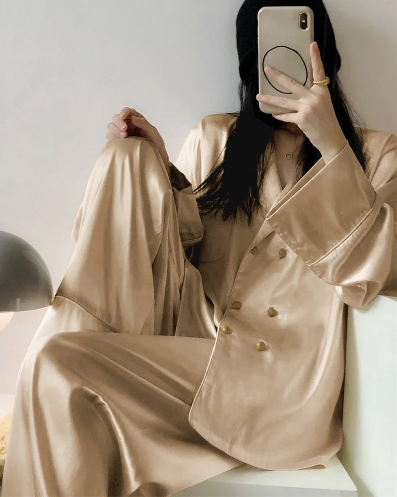 Oversized Double Breasted Silk Pajamas, Champagne