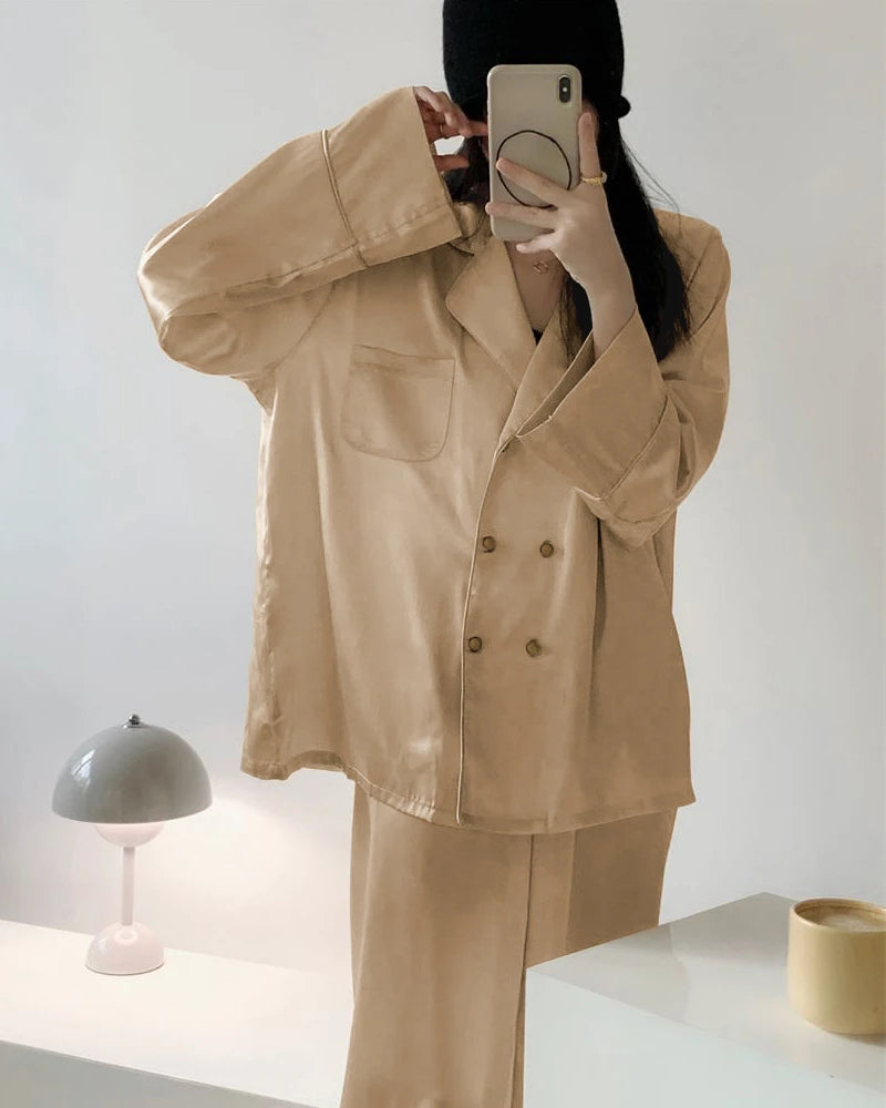 Oversized Double Breasted Silk Pajamas, Champagne