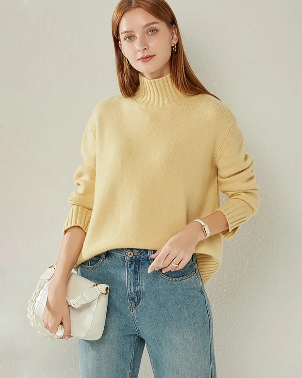 Oversized Turtleneck Cashmere Sweater, Yellow