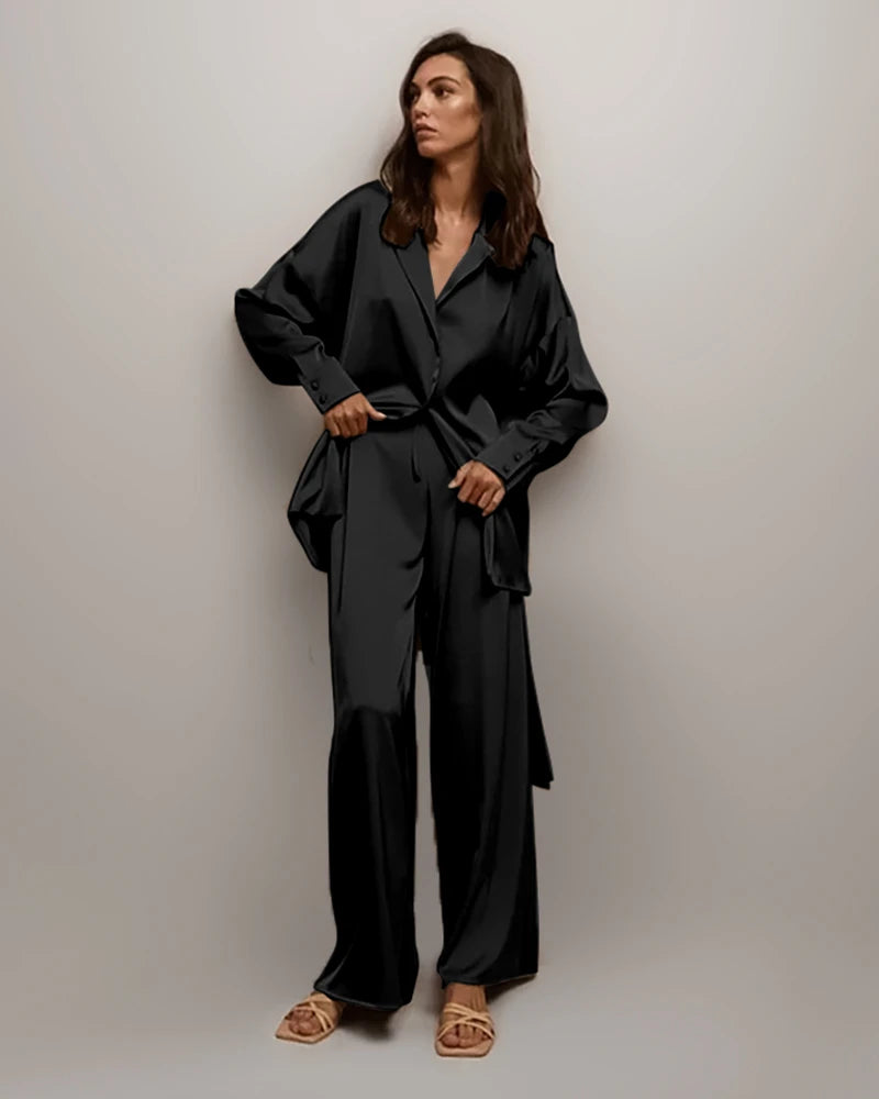 Oversized Silk Pajamas Set with Belt, Black
