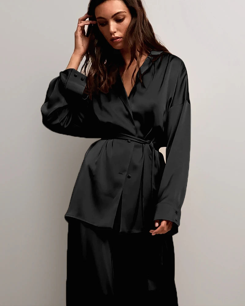 Oversized Silk Pajamas Set with Belt, Black