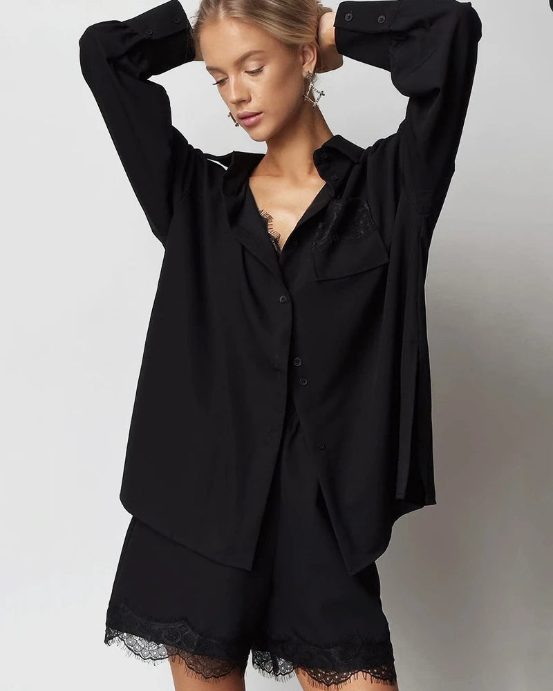 Oversized Silk Shirt Shorts Pajamas Set, Black