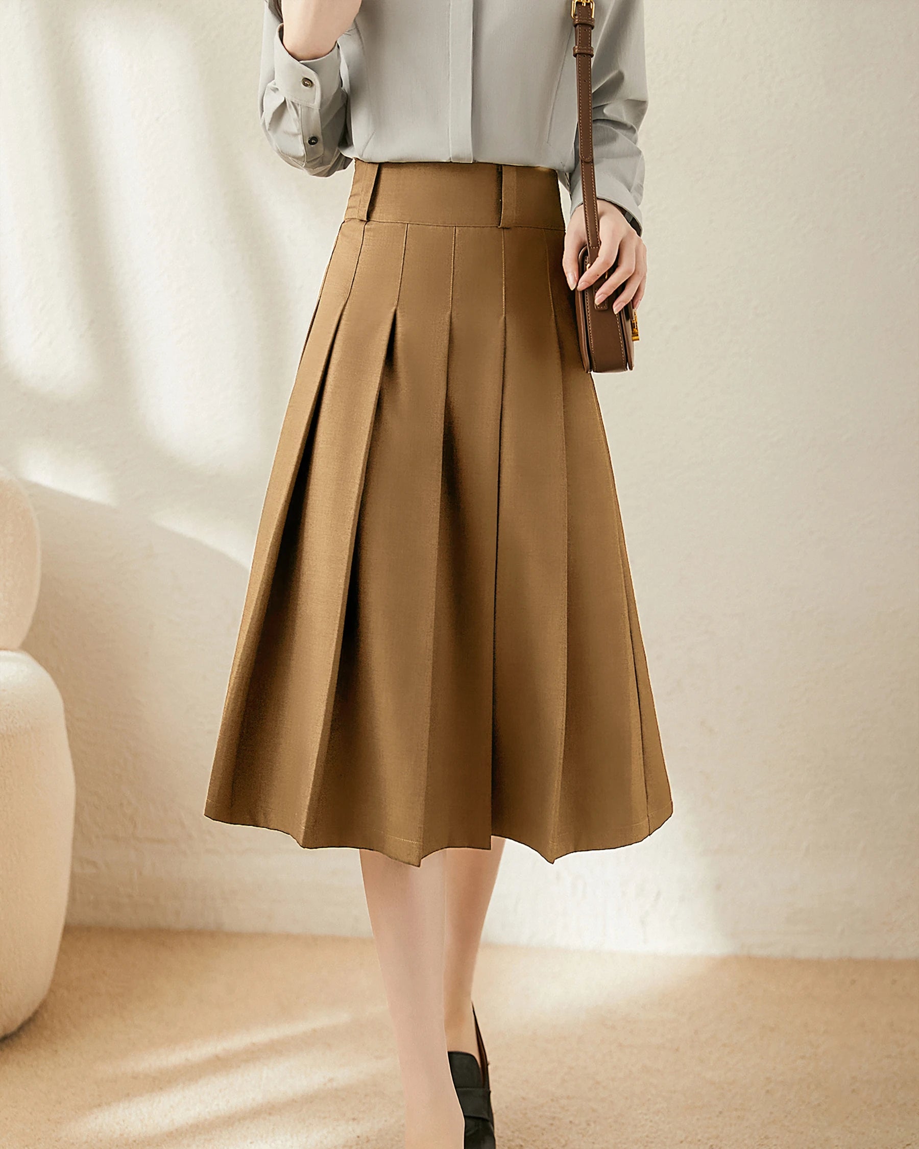 A Line Pleated Wool Midi Skirt, Camel