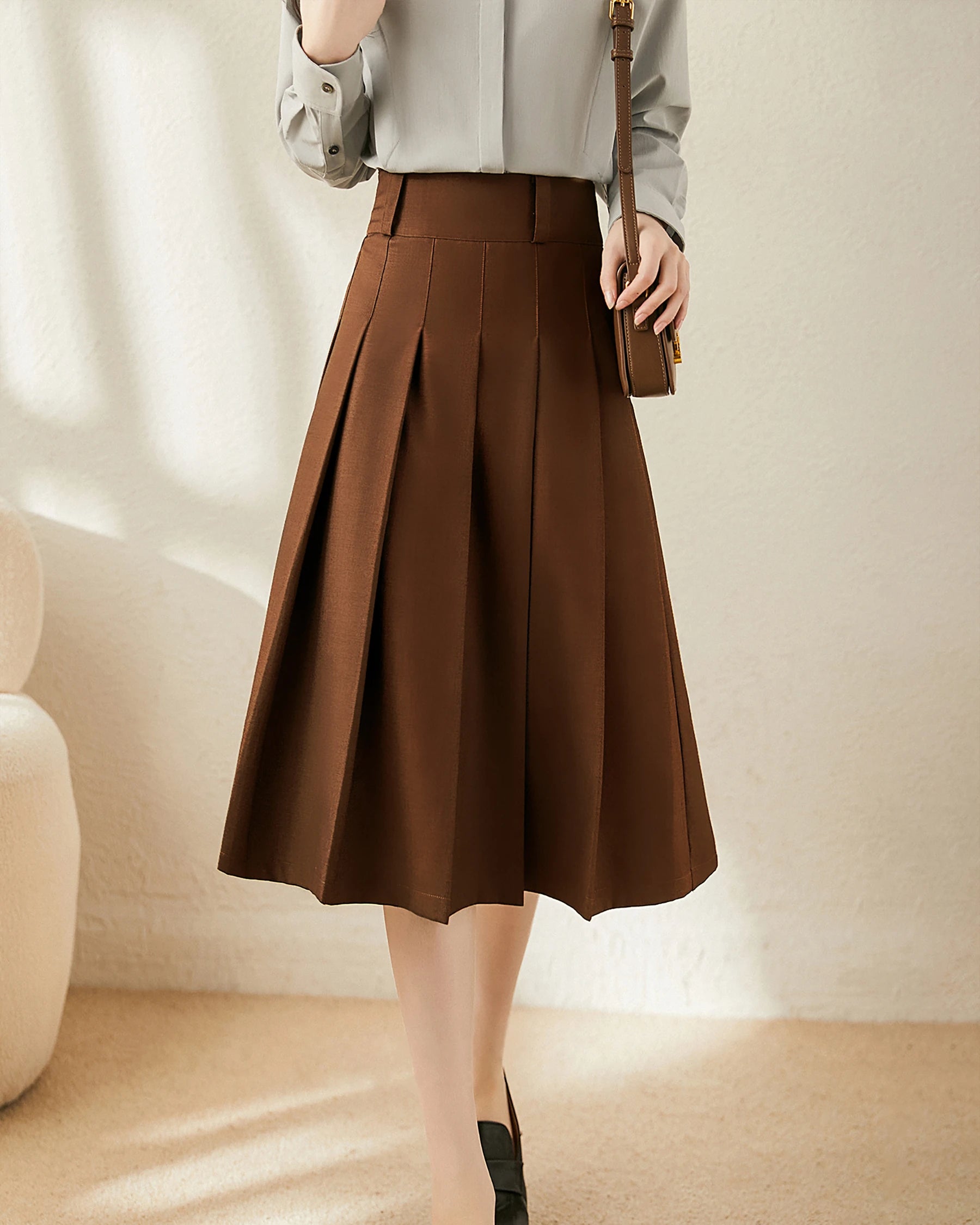 A Line Pleated Wool Midi Skirt, Caramel