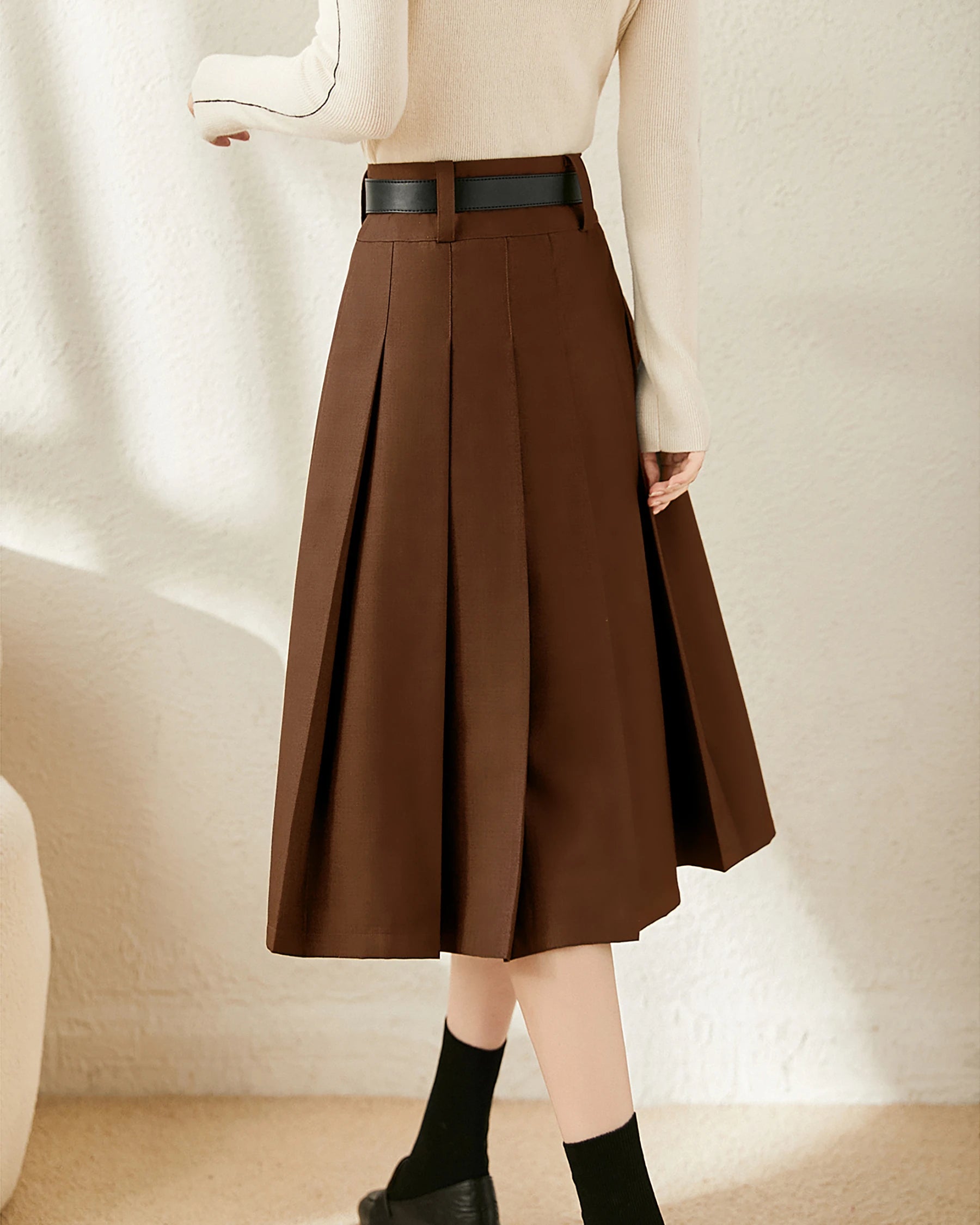 A Line Pleated Wool Midi Skirt, Caramel