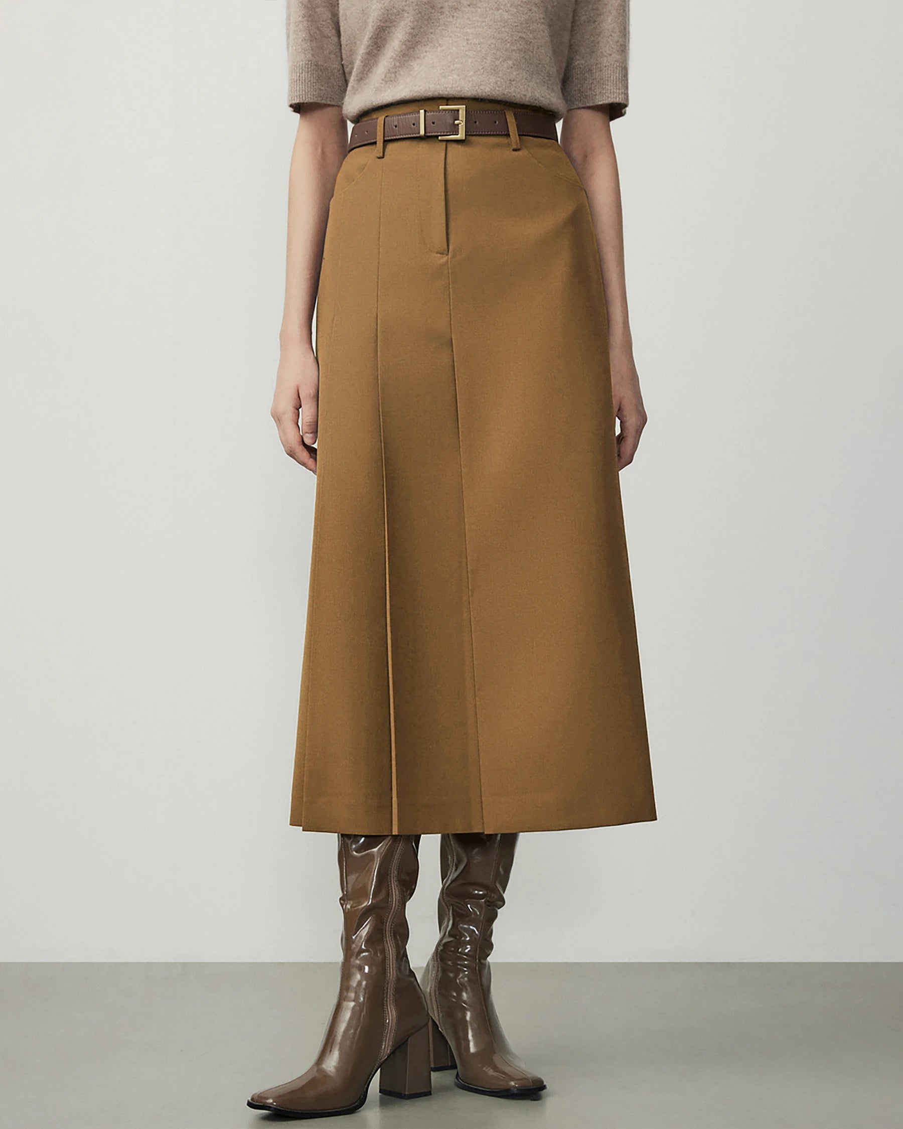 A Line Wool Midi Skirt, Caramel, Camel