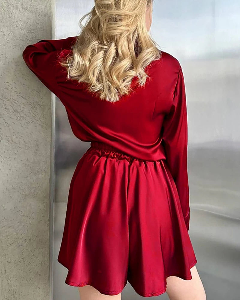 Plus Size Silk Shirts and Shorts PJs, Red