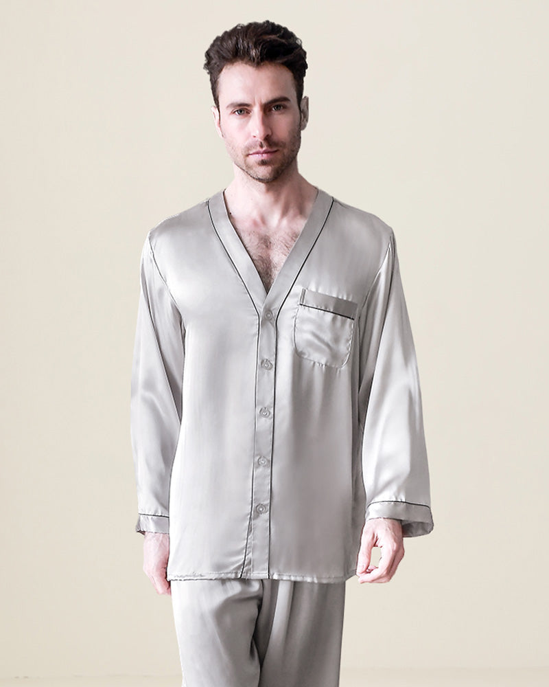 Pure Silk Men's V Neck Pajama Set - DAISYSILK