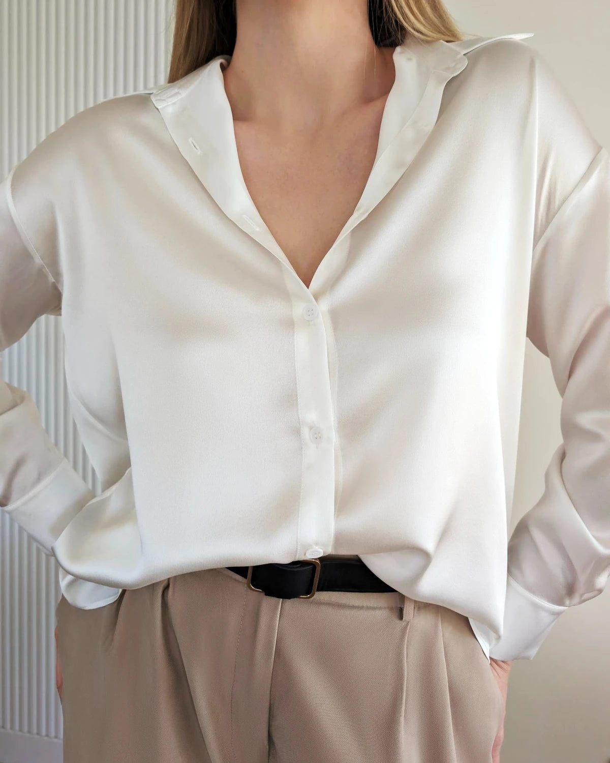 Relax Drop Shoulder Oversize Silk Shirt Ivory
