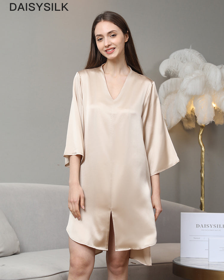 Relaxed 3/4 Sleeve Silk Nightgown, Champagne