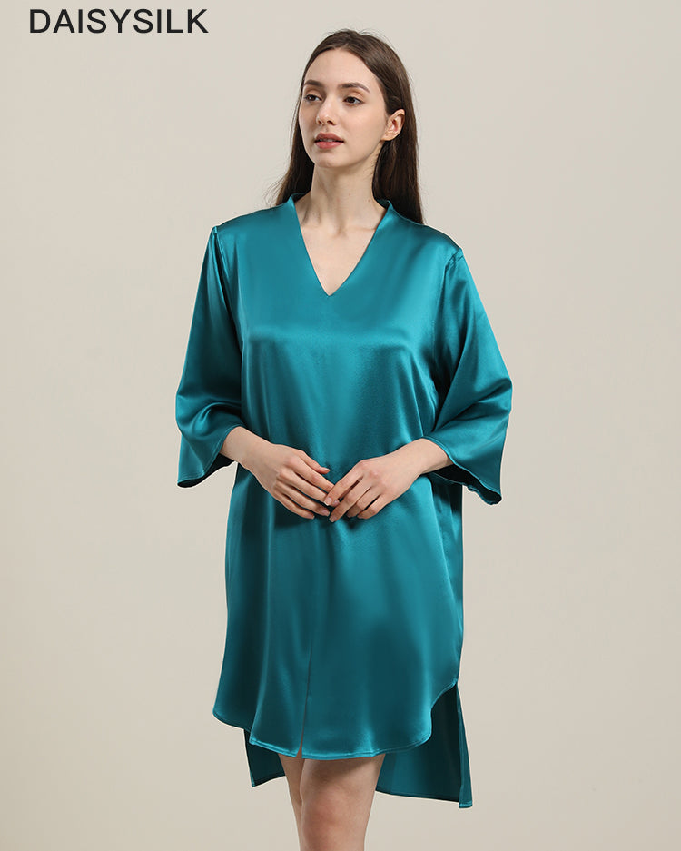 Relaxed 3/4 Sleeve Silk Nightgown, Peacock Blue