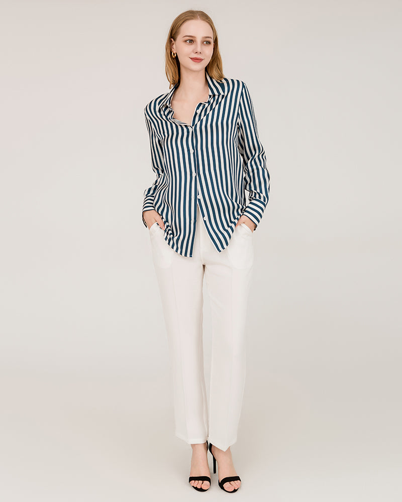Oversize Vertical Stripe Silk Shirt, Navy