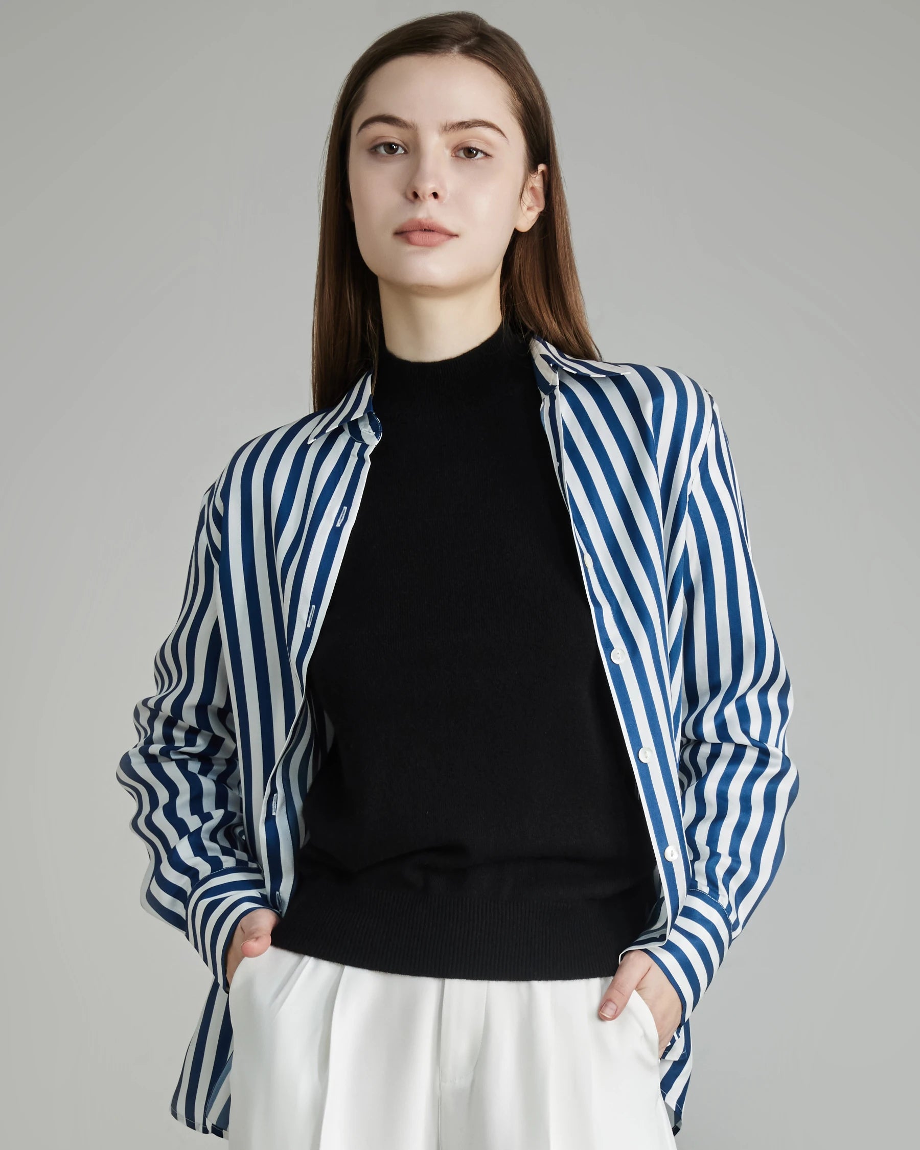 Oversize Vertical Stripe Silk Shirt, Navy