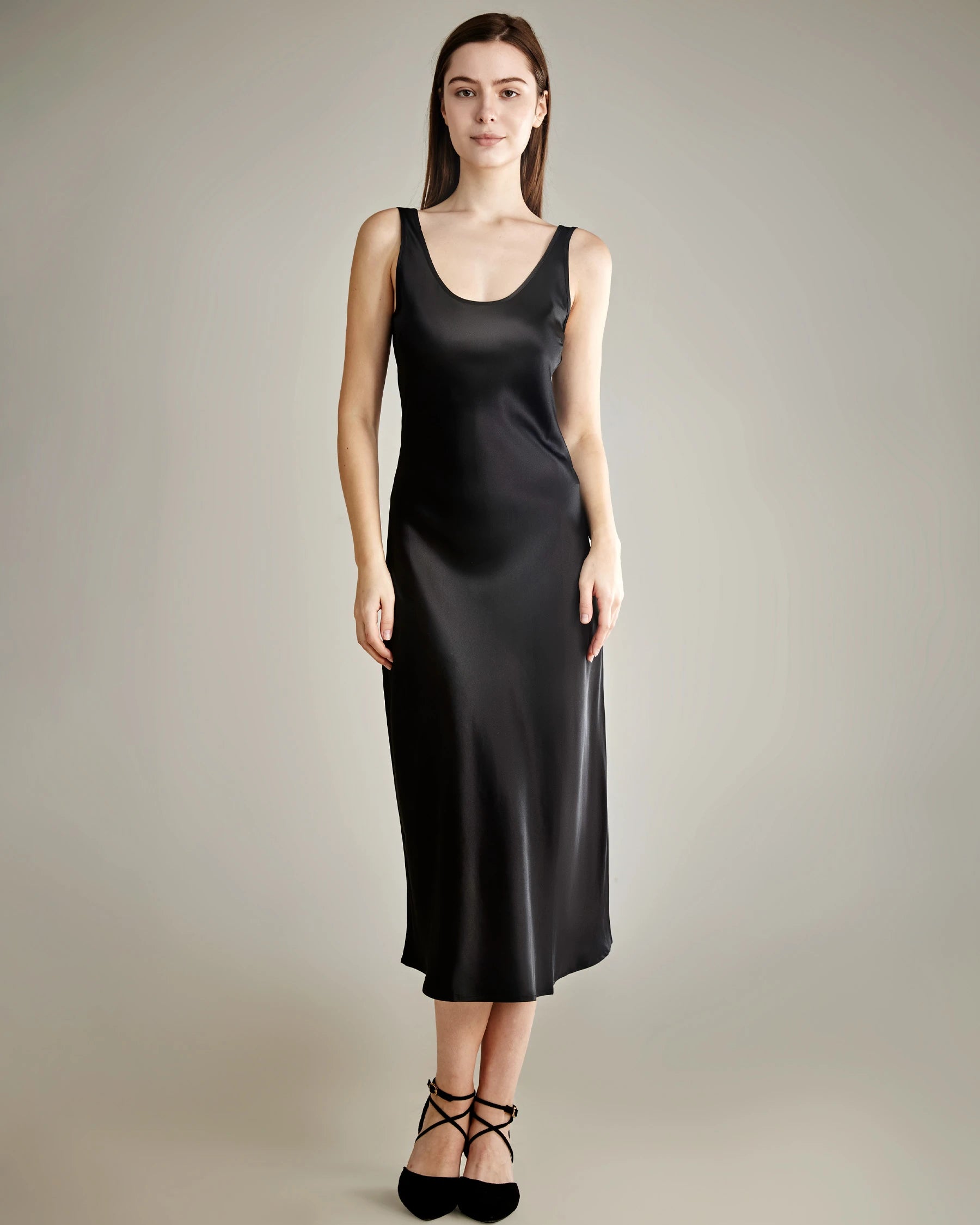 Scoop Neck Midi Silk Slip Dress, Black