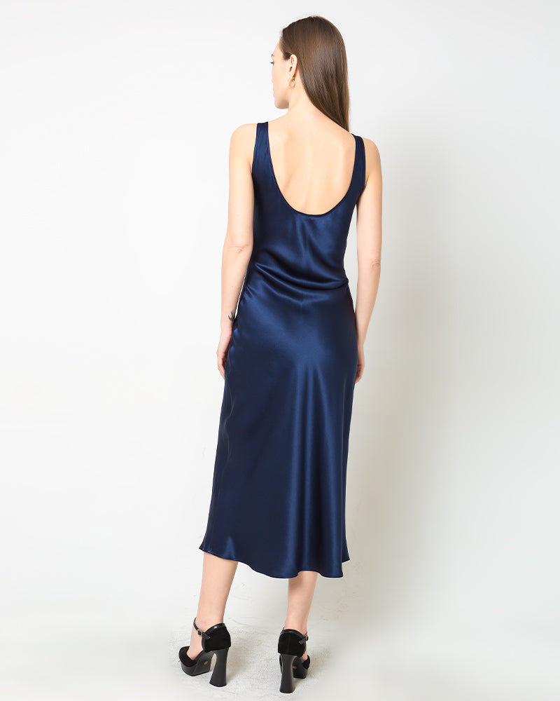 Scoop Neck Midi Silk Slip Dress, Navy