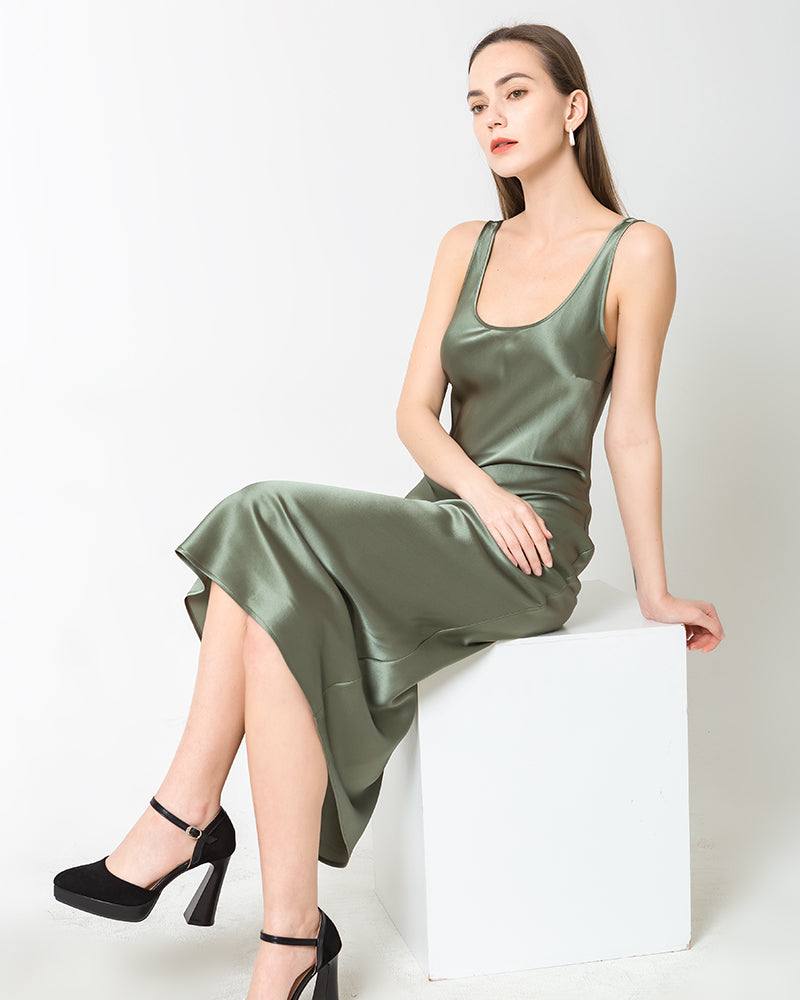 Scoop Neck Midi Silk Slip Dress, Olive Green