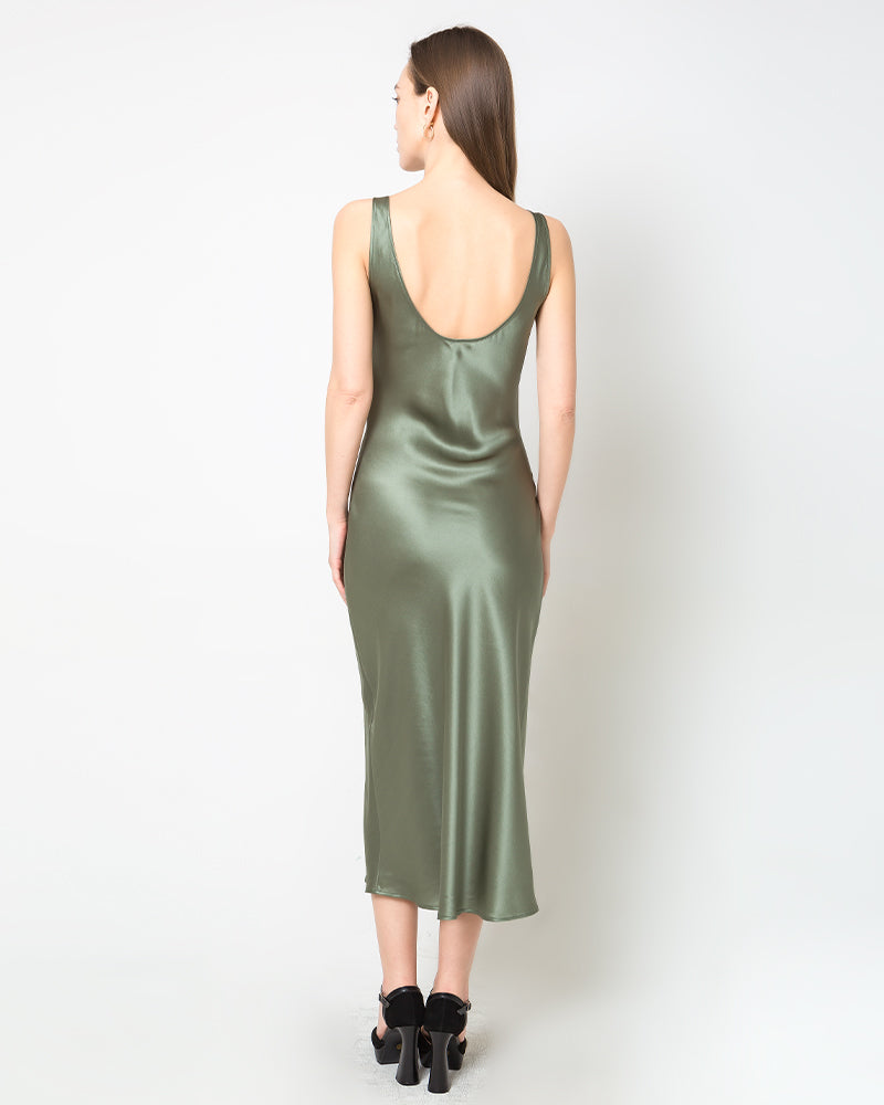 Scoop Neck Midi Silk Slip Dress, Olive Green