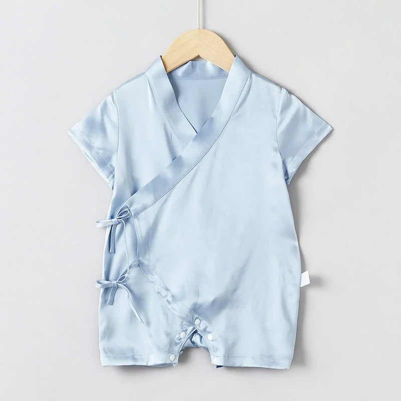 Short Sleeve Wrap Baby Silk Onesies, Blue