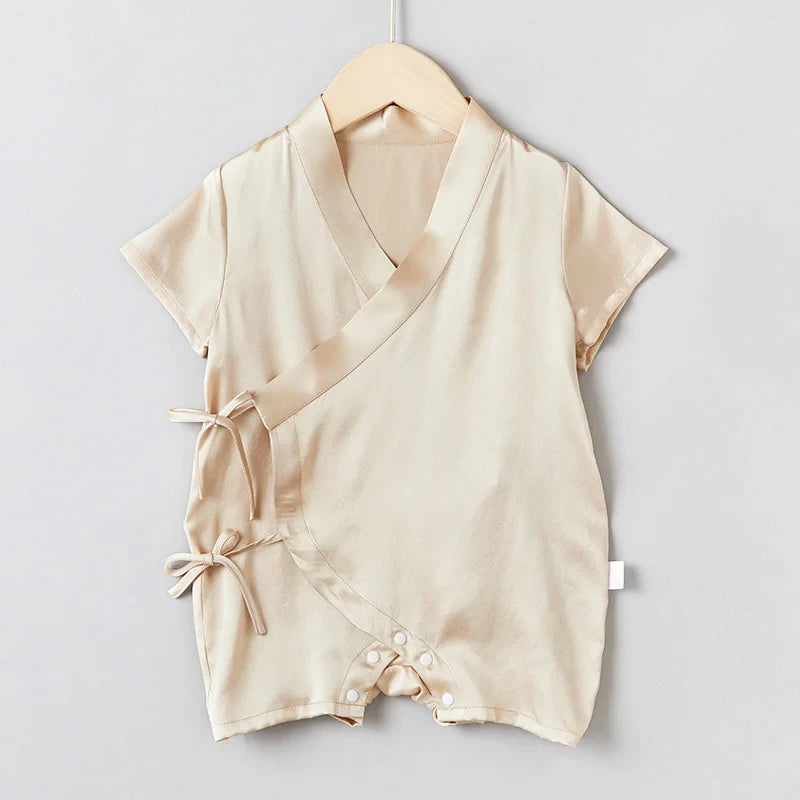 Short Sleeve Wrap Baby Silk Onesies, Champagne