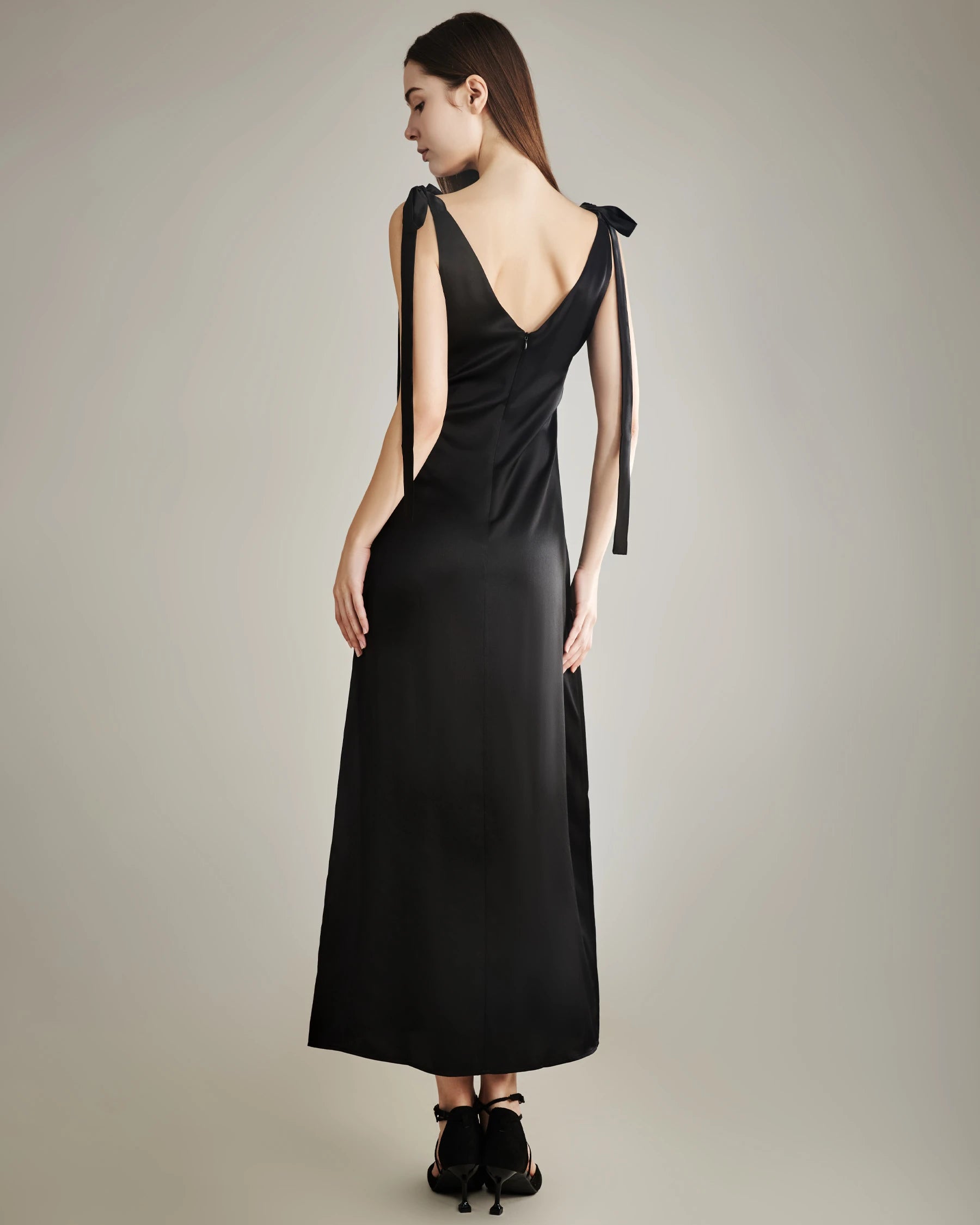 Shoulder Ties Silk Slip Dress, Black