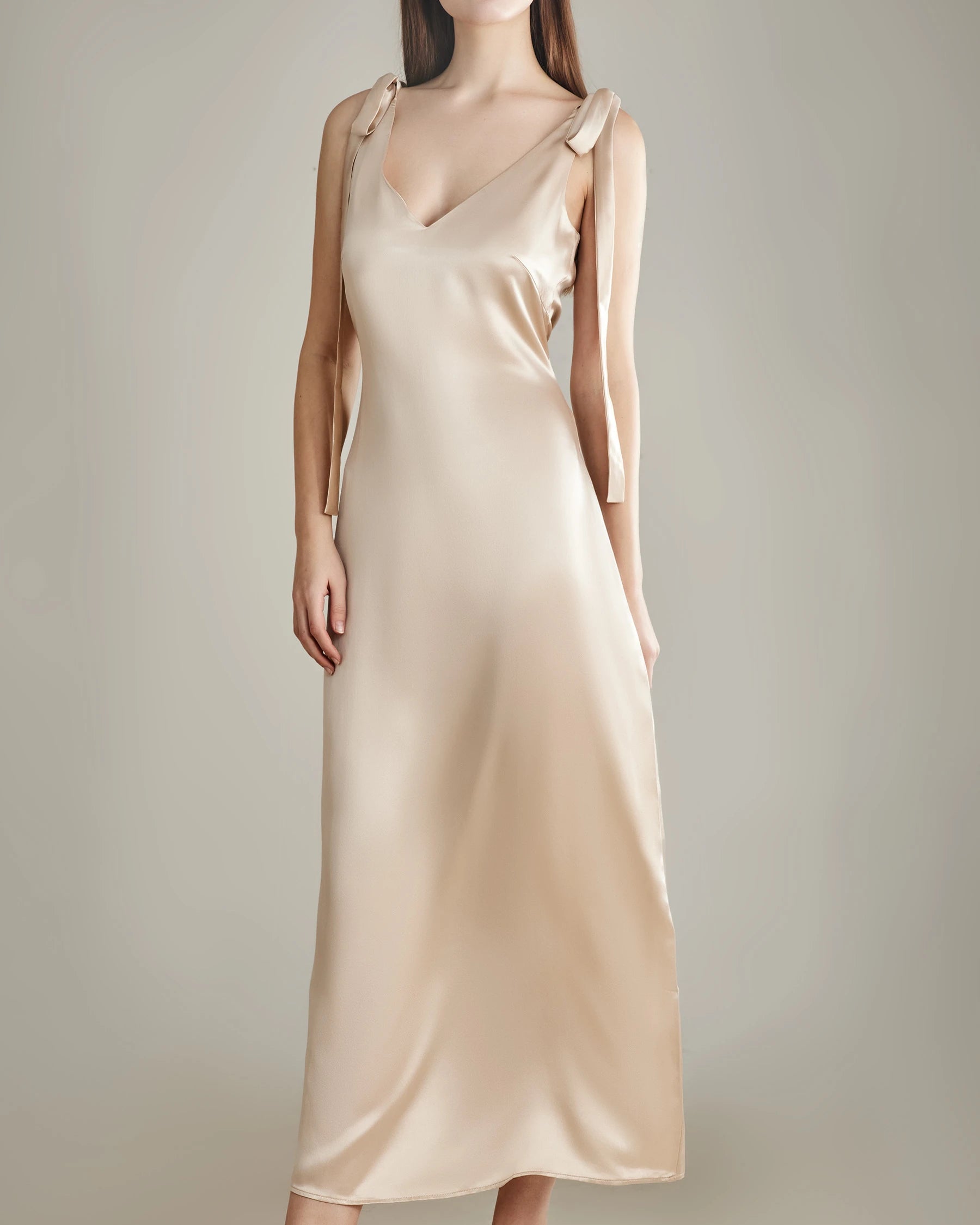 Shoulder Ties Silk Slip Dress, Champagne
