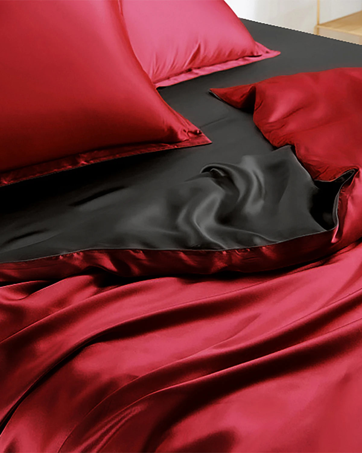 Double Color Silk Bedding Set 4PCS, Burgundy, Black