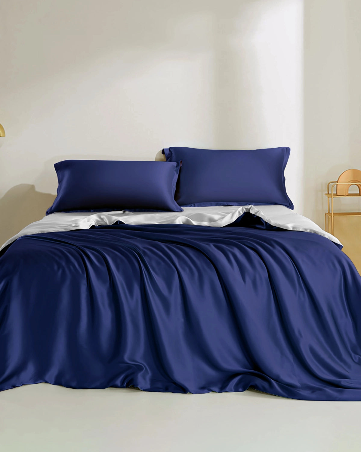 Double Color Silk Bedding Set 4PCS, Navy, Silver