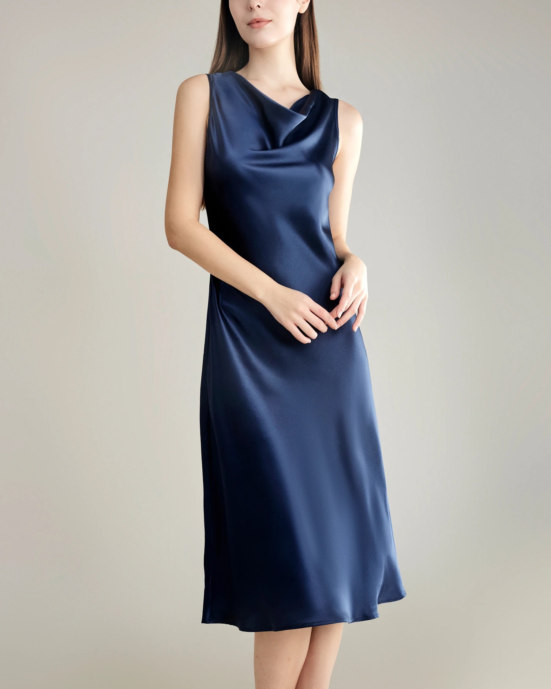 Silk Dresses with Asymmetrical Cowl Neck Navy