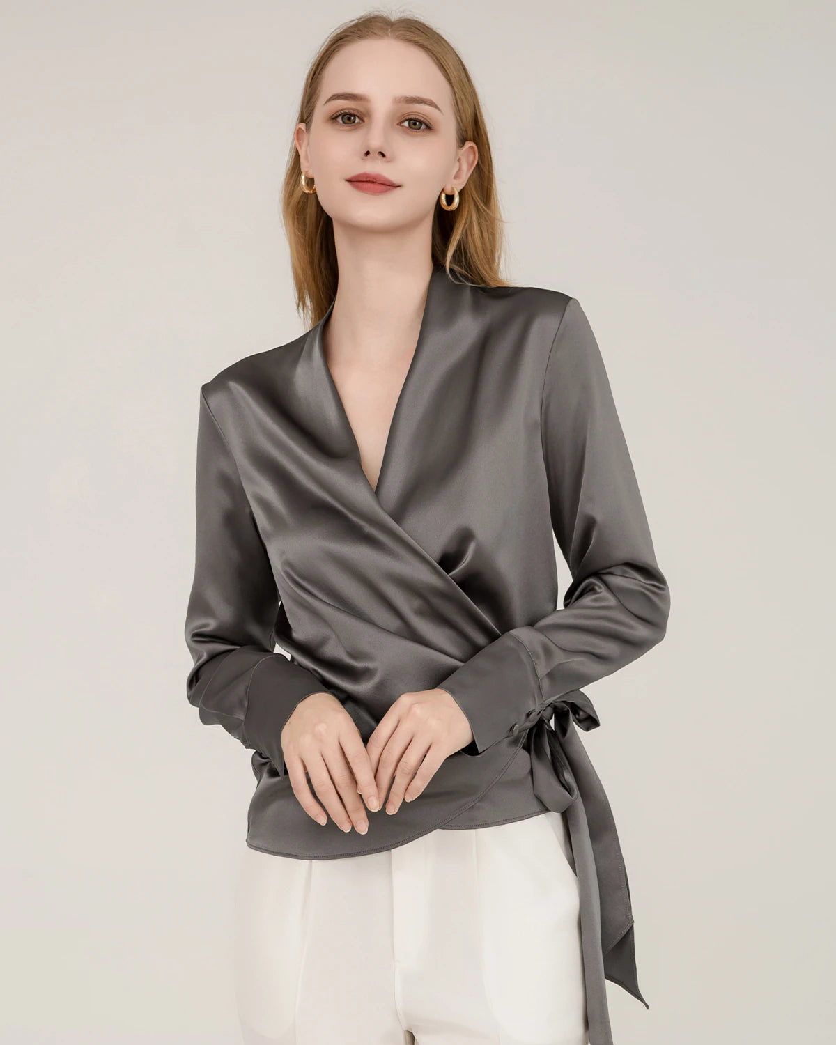 Elegant Fitted Wrap Silk Blouse For Women Grey