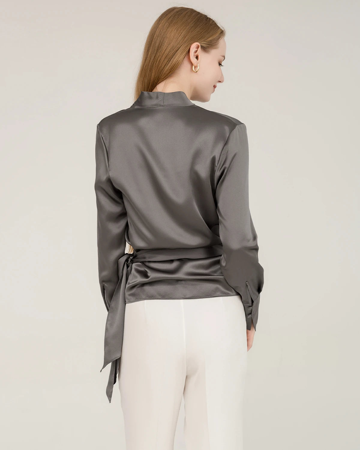 Elegant Fitted Wrap Silk Blouse For Women Grey