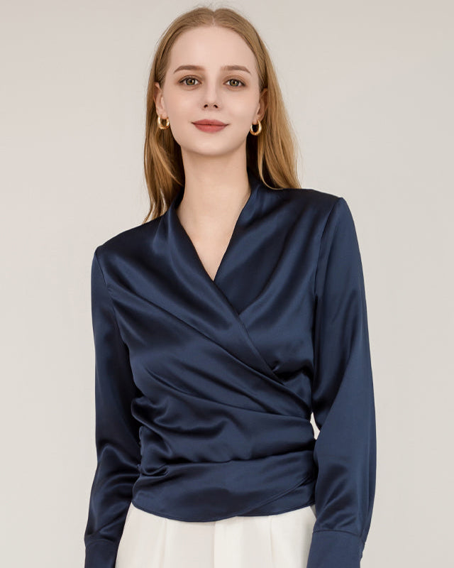 Elegant Fitted Wrap Silk Blouse For Women Navy