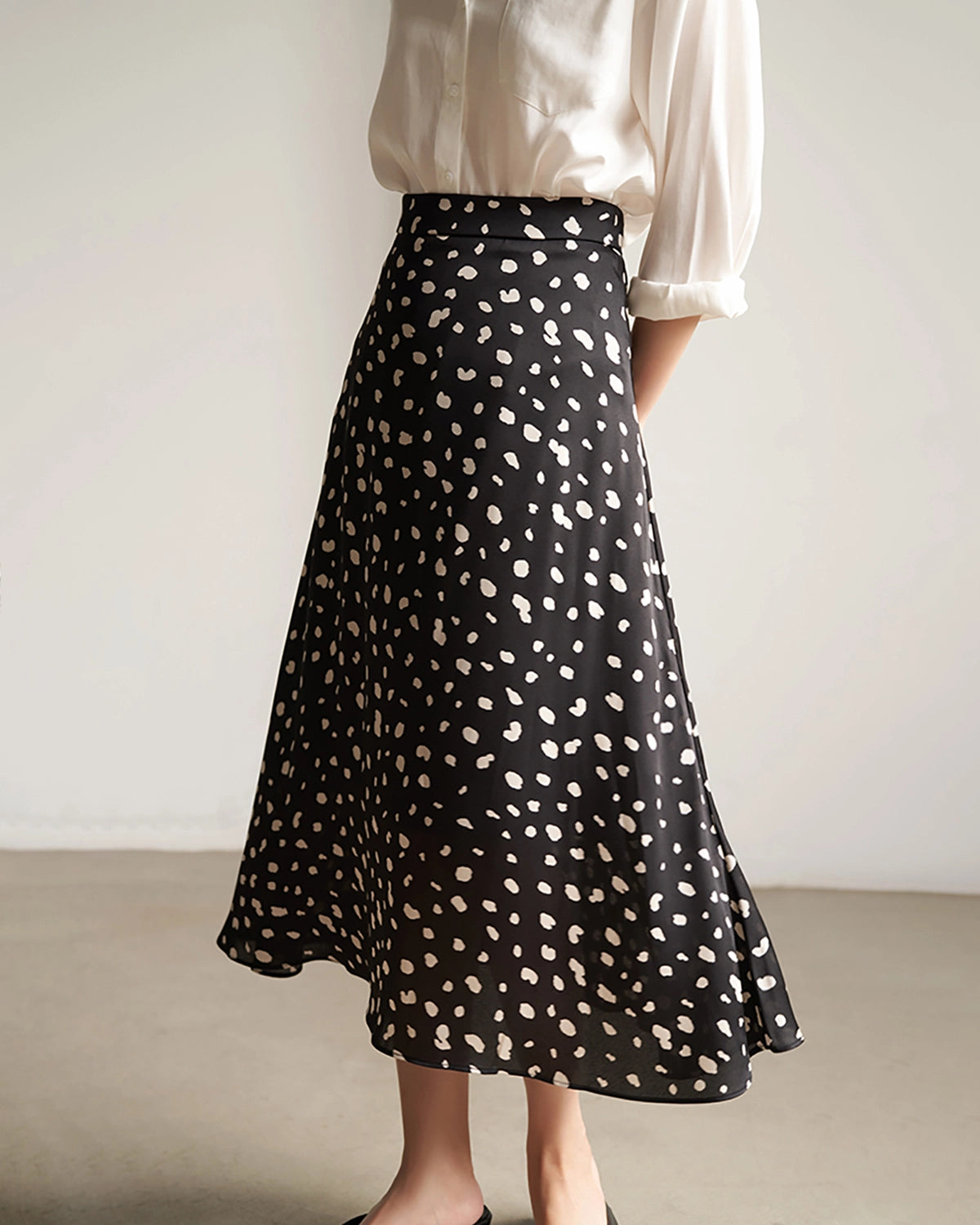 Leopard Print Flared Flowy Silk Maxi Skirt, Black And White