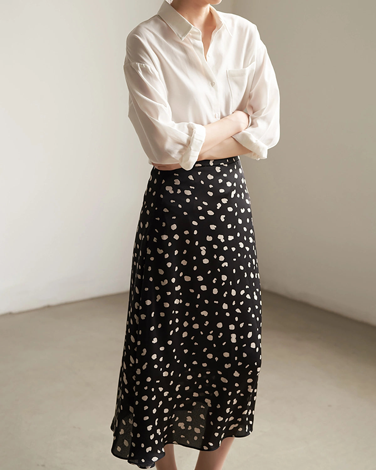 Leopard Print Flared Flowy Silk Maxi Skirt, Black And White