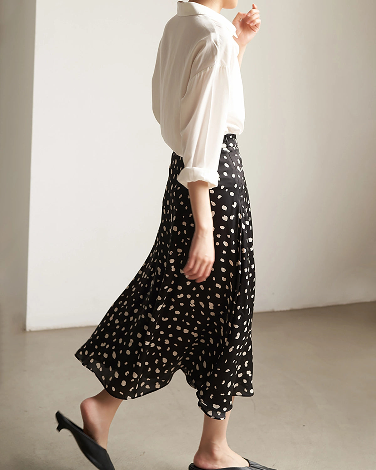 Leopard Print Flared Flowy Silk Maxi Skirt, Black And White