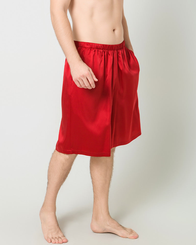 Silk Men Knee Elastic Waist Satin Underwear, Red