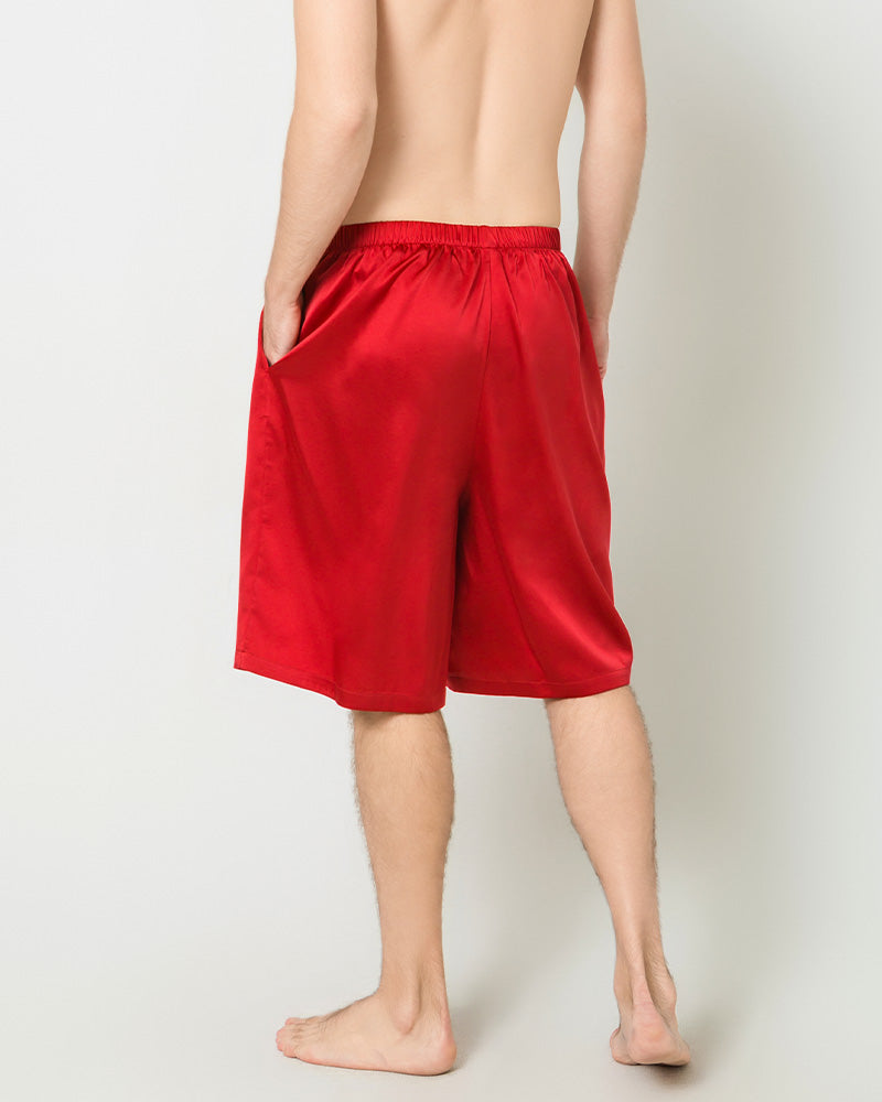 Silk Men Knee Elastic Waist Satin Underwear, Red