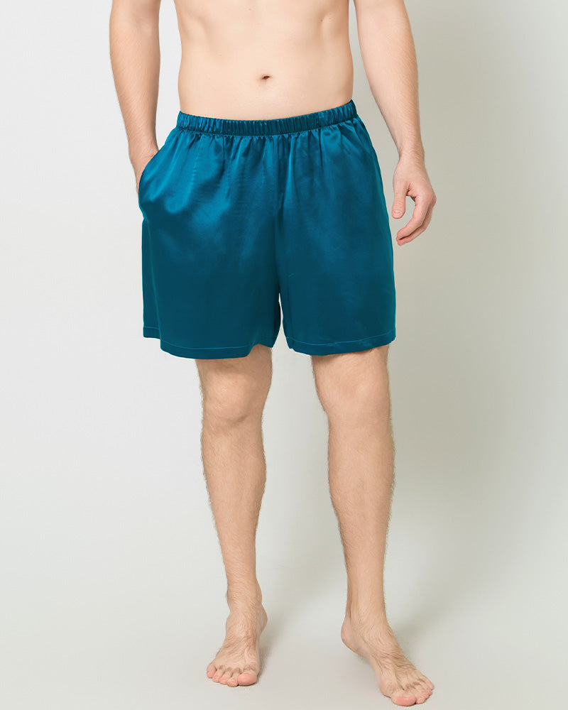 Men Satin Silk Lounge Shorts, Peacock Blue