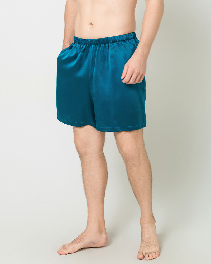 Men Satin Silk Lounge Shorts, Peacock Blue