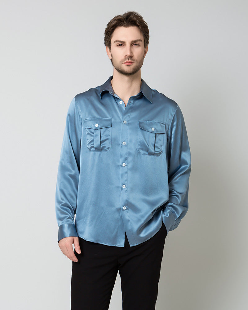 Silk Men's Button Up Overshirt, Blue