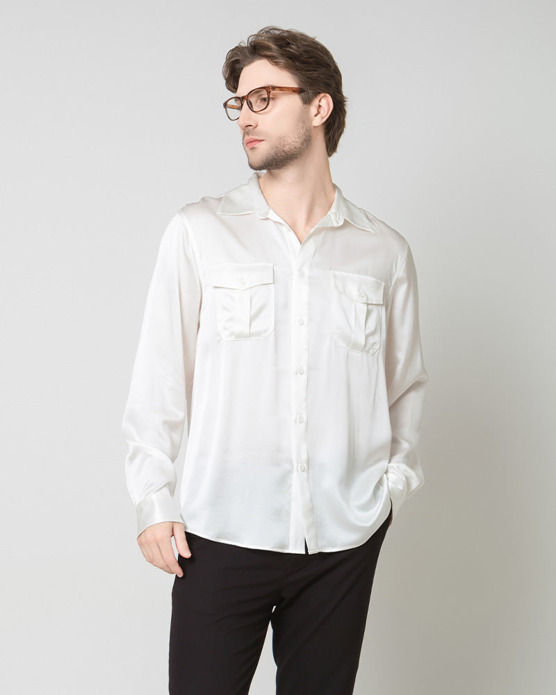 Silk Men's Button Up Overshirt, White