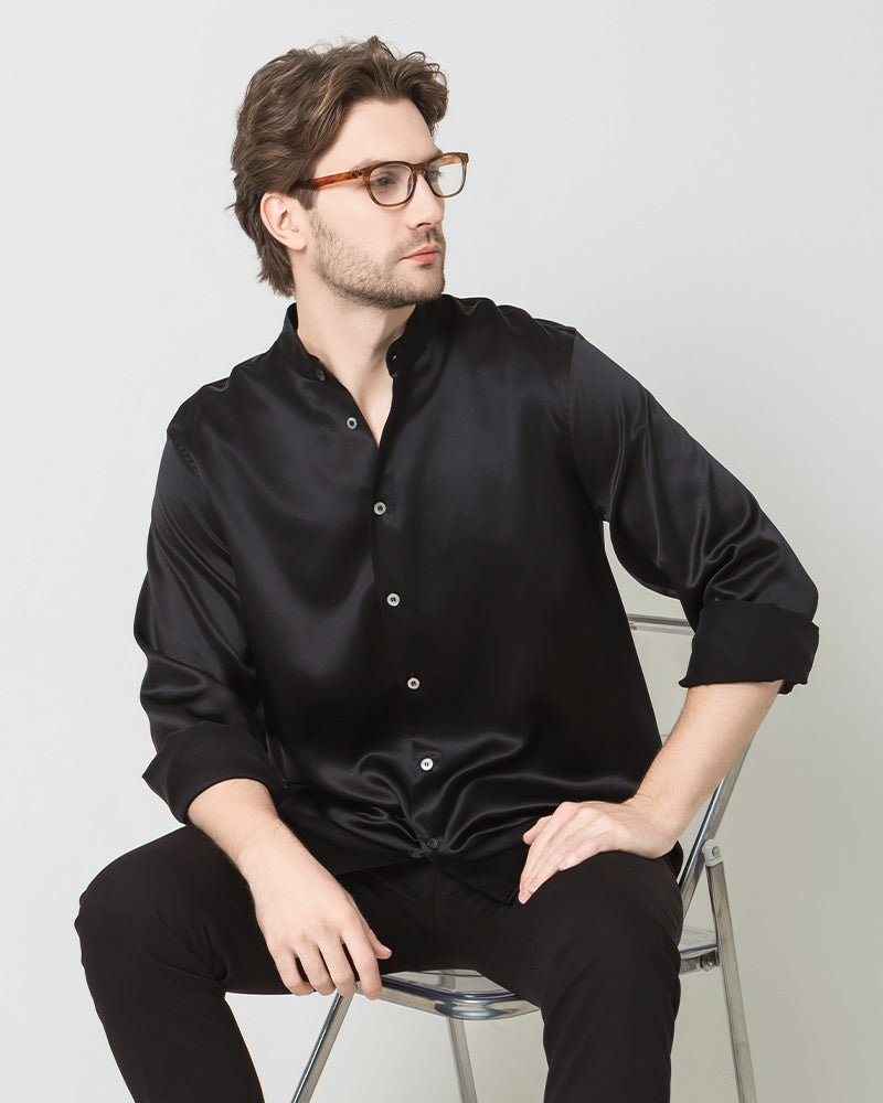 Silk Men's Casual Long Sleeve Shirt, Black