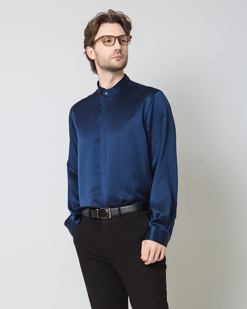 Silk Men's Casual Loose Office Shirt, Navy