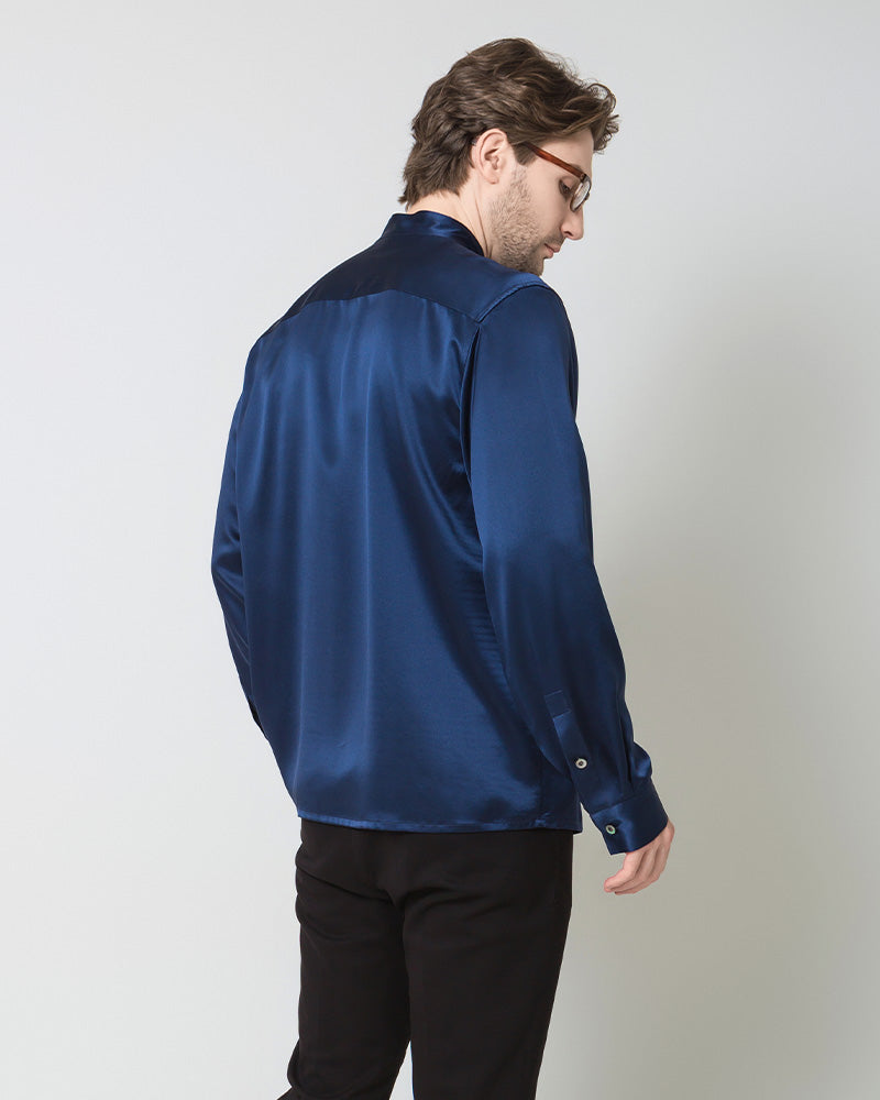 Silk Men's Casual Loose Office Shirt, Navy