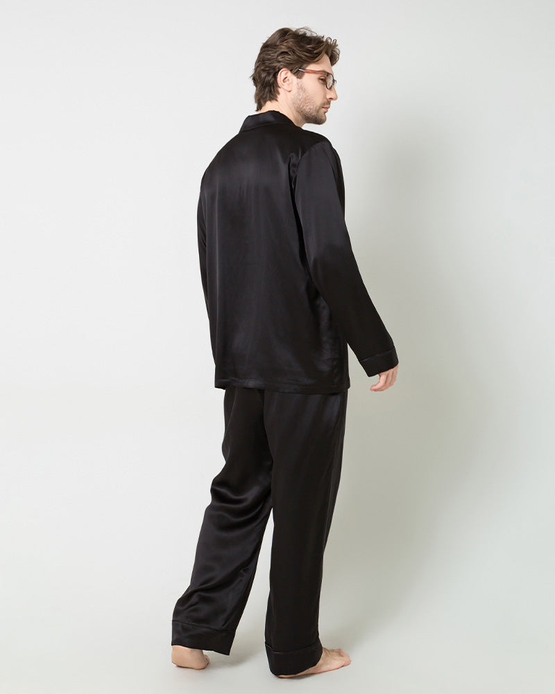 Silk Men's Loosen Long Pajamas, Black