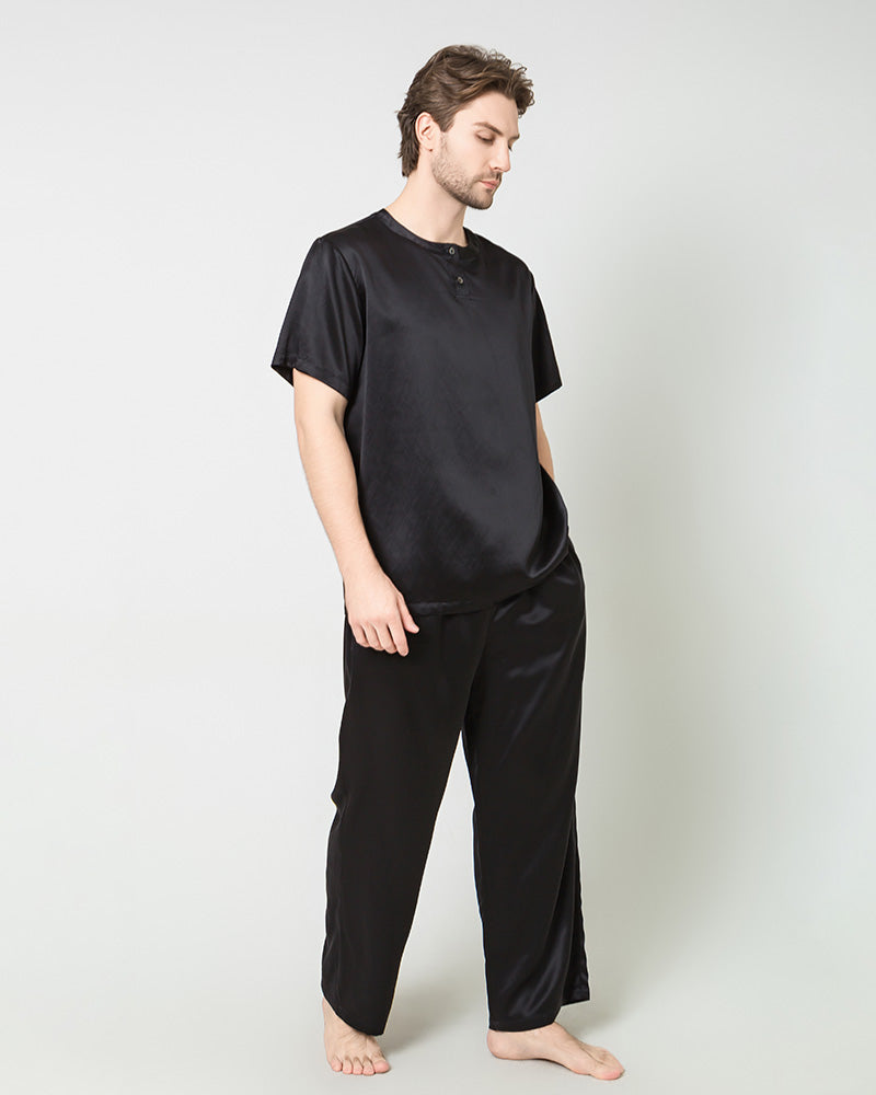 Men's Short Sleeves & Pants Silk Pajamas Set, Black