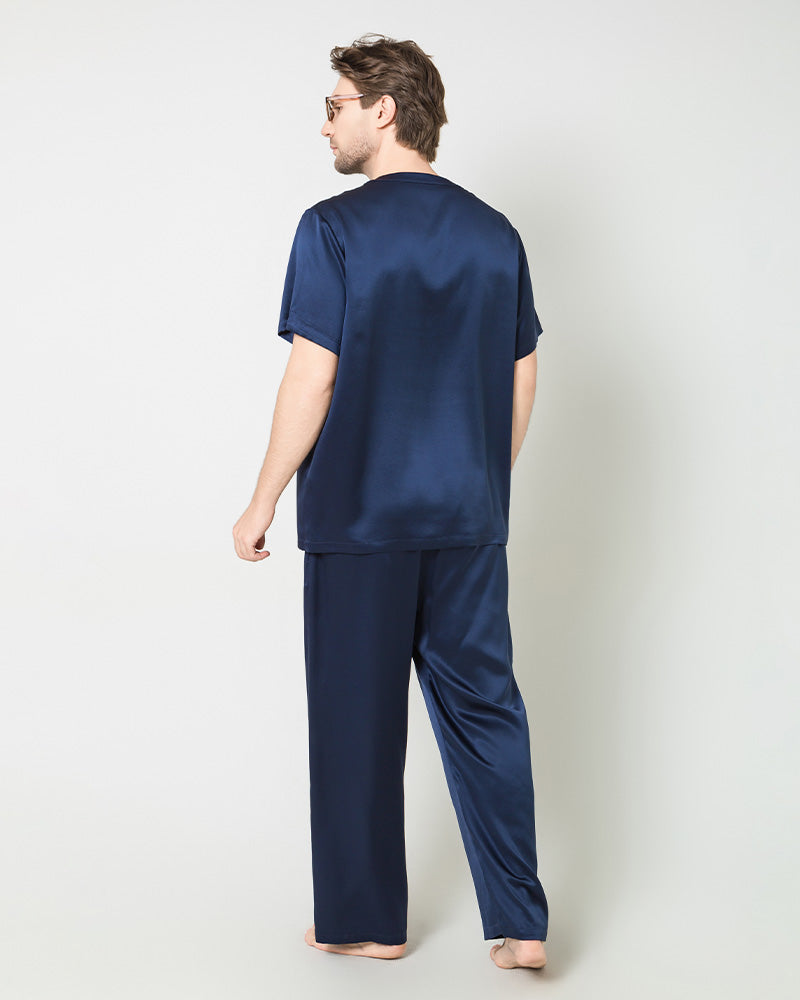 Men's Short Sleeves & Pants Silk Pajamas Set, Navy