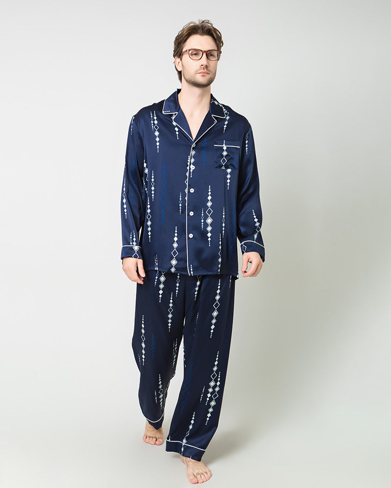 Men's Silk Print Pajamas Set, Navy