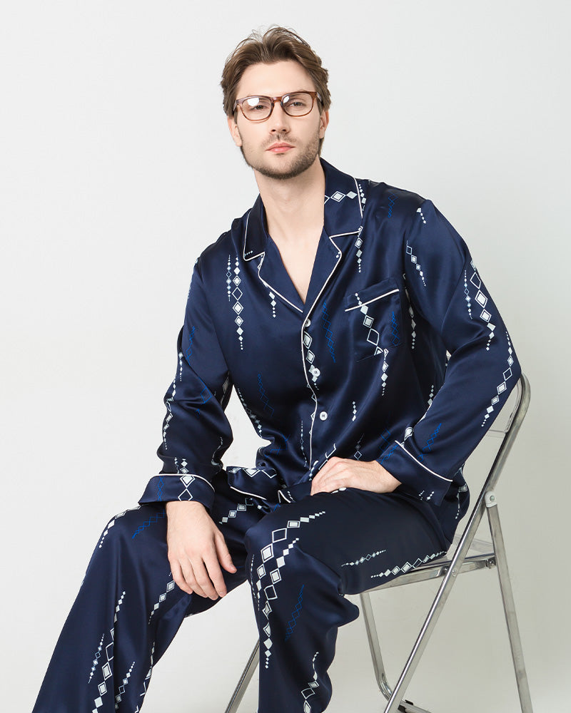 Men's Silk Print Pajamas Set, Navy