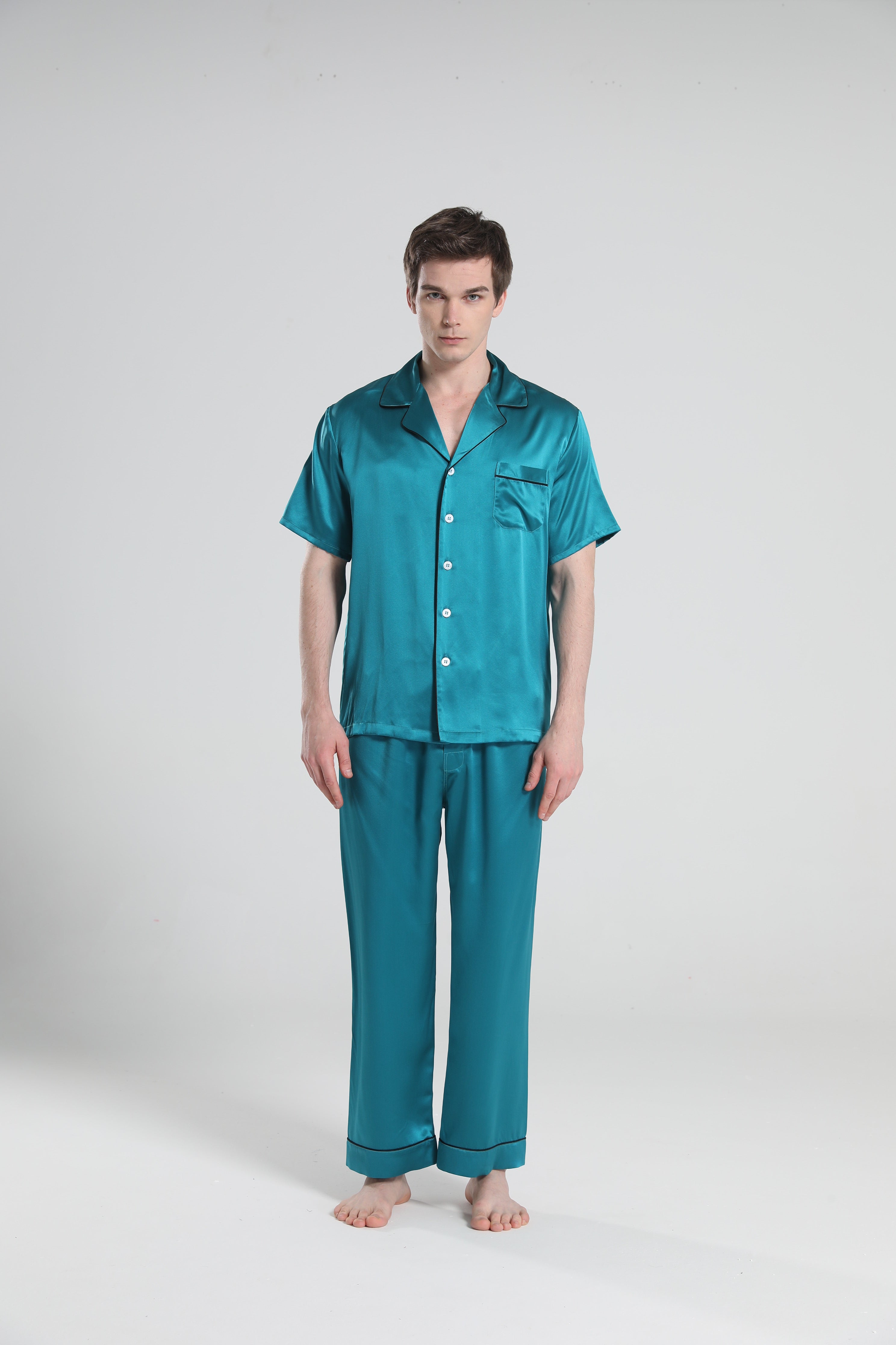Short Sleeve Silk Pajamas For Men, Peacock Blue