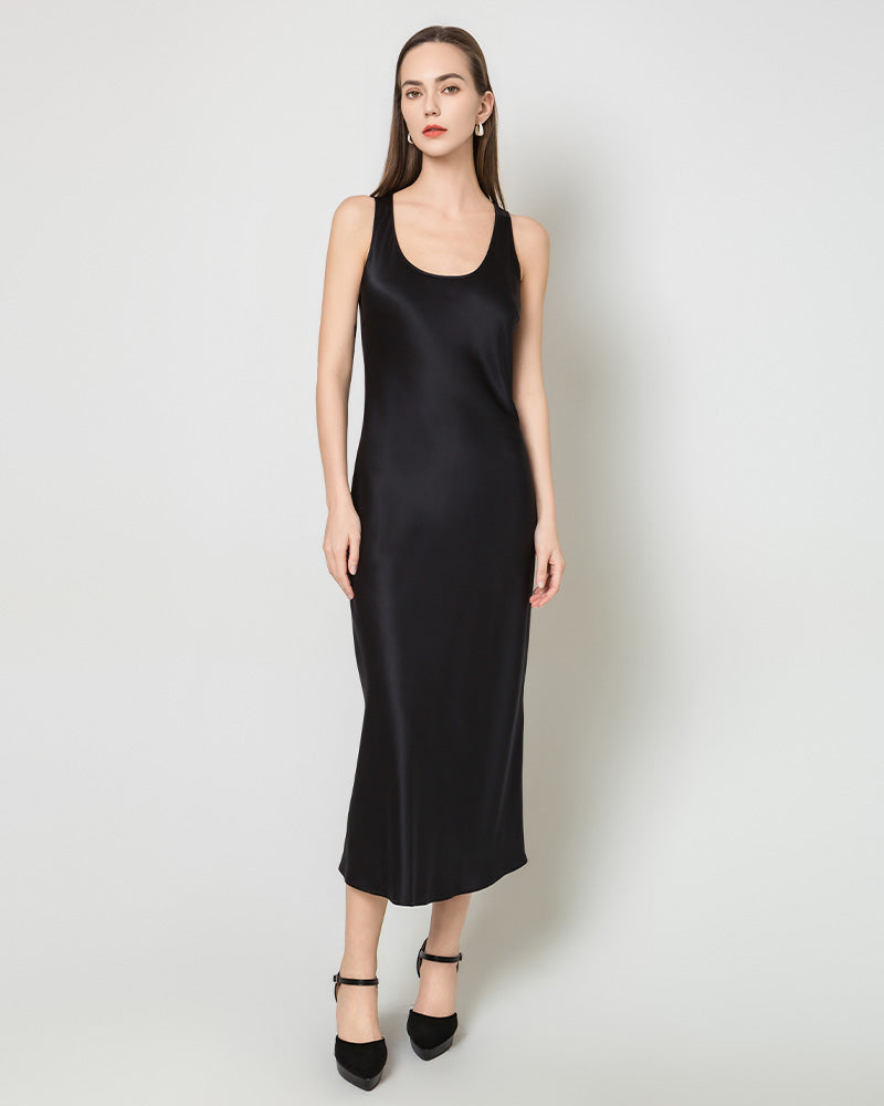Silk Round Neck Cinched Waist Long Dress, Black